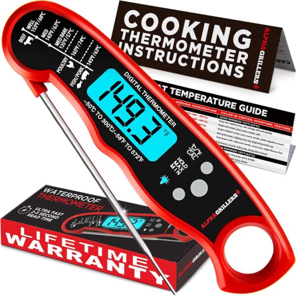 Digital Meat Thermometer for Cooking, Grill, BBQ – Instant Read, Waterproof, Backlit Display