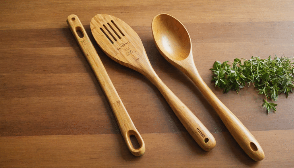 Wood vs. Bamboo: Comparison of kitchen utensils highlighting texture and design differences