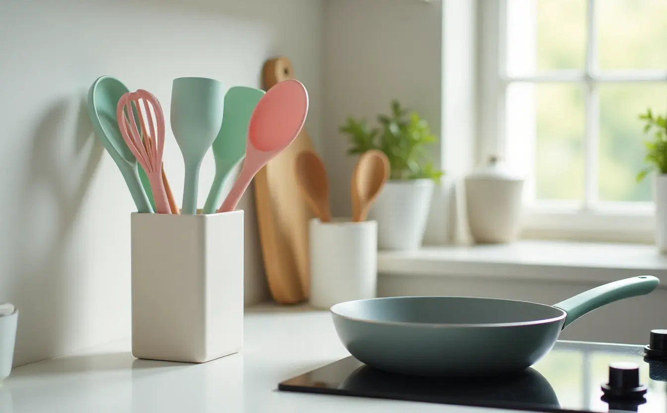 Colorful silicone kitchen tools in a modern kitchen – nonstick-safe spatulas, whisks, and spoons arranged in a pastel-themed utensil holder next to a cooking pan