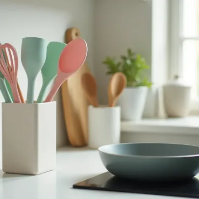 Colorful silicone kitchen tools in a modern kitchen – nonstick-safe spatulas, whisks, and spoons arranged in a pastel-themed utensil holder next to a cooking pan